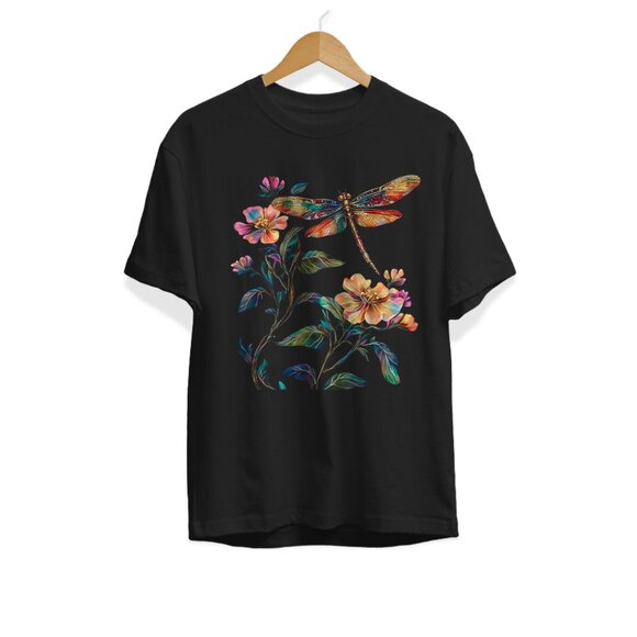 Dragonfly & Floral Nature Lover Graphic T-Shirt | Unisex Casual Tee - Picture 1 of 5